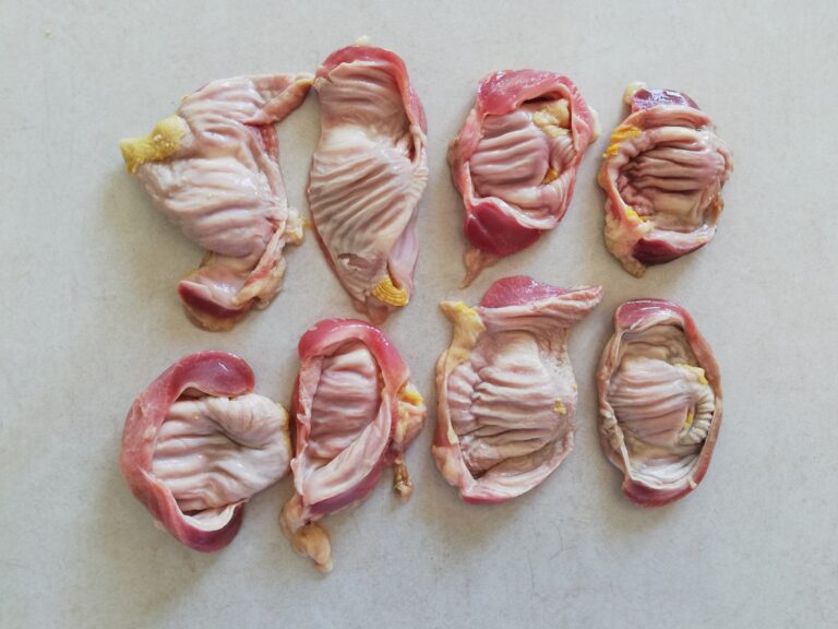 cleaned chicken gizzards on a marble countertop