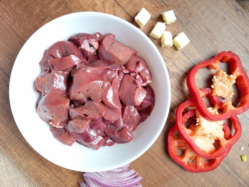 How to prepare chicken livers: sliced  chicken livers in a bowl, ready for cooking