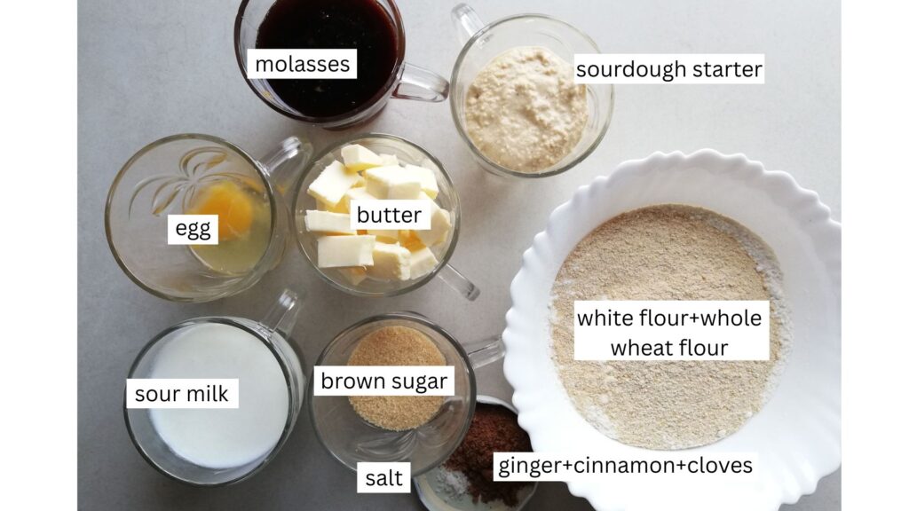 Sourdough gingerbread muffins ingredients arranged in cups and bowls on a counter top