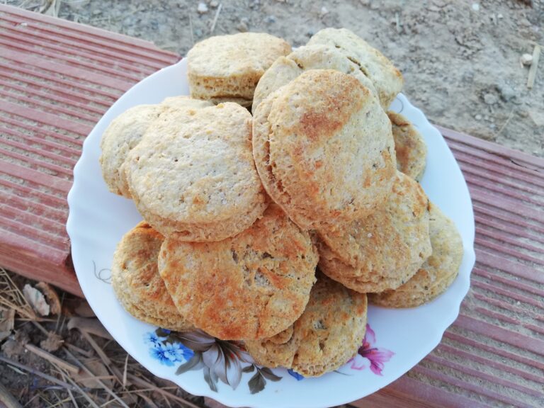 sourdough tallow biscuits on a white plate standing on top of some bricks