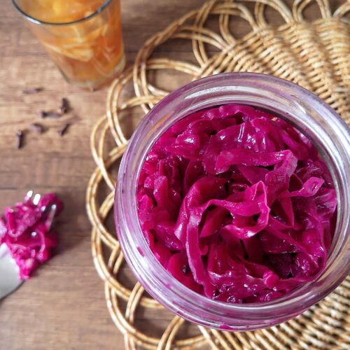 Red cabbage sauerkraut in jar