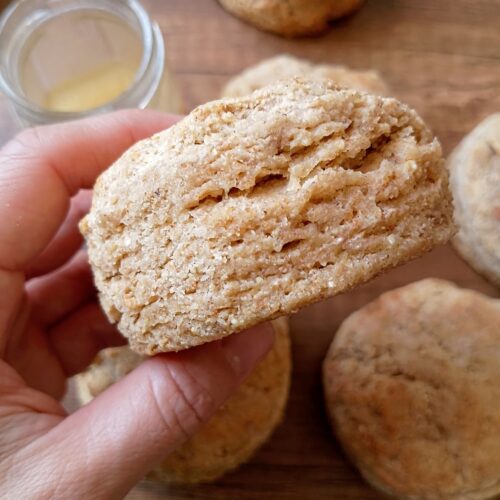 Womand hand holding freshly baked sourdough whole wheat biscuit