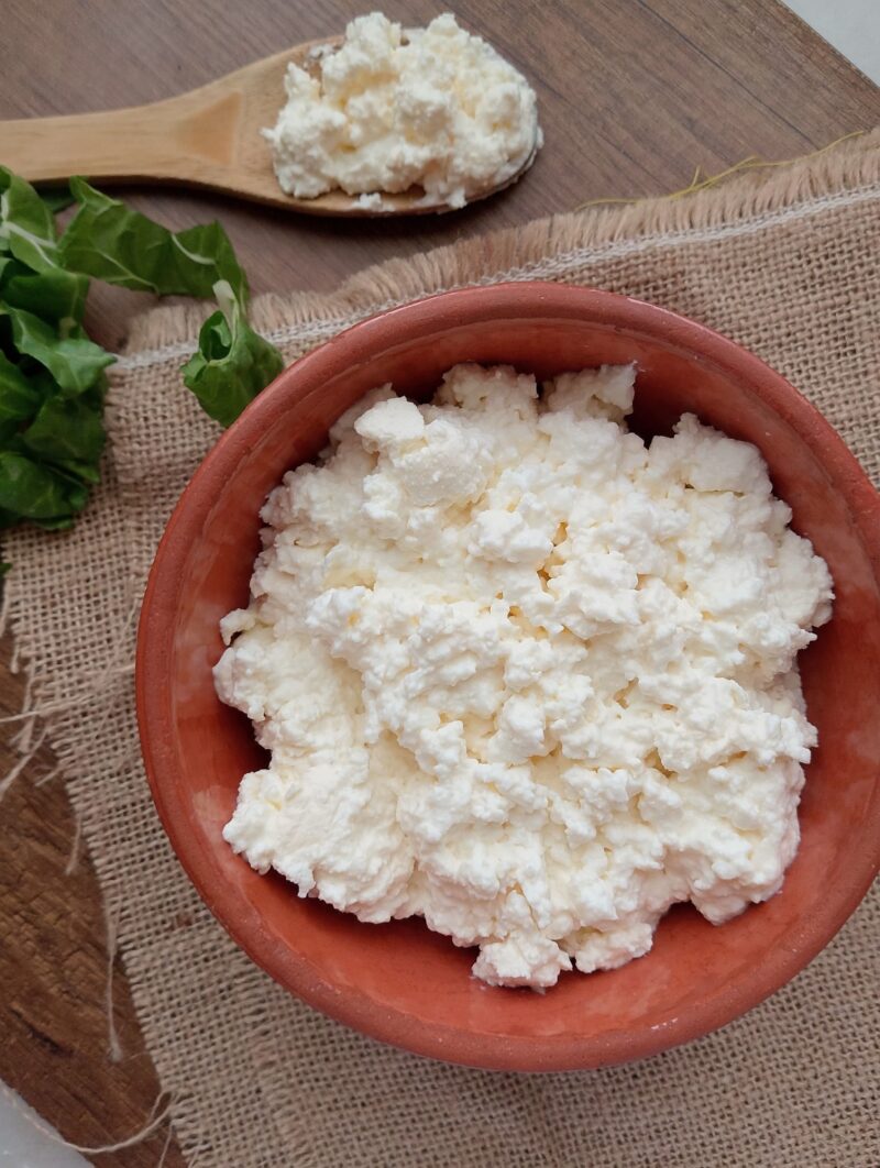Raw milk cottage cheese in clay serving bowl