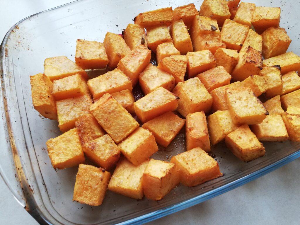 roast pumpkin in a glass baking dish