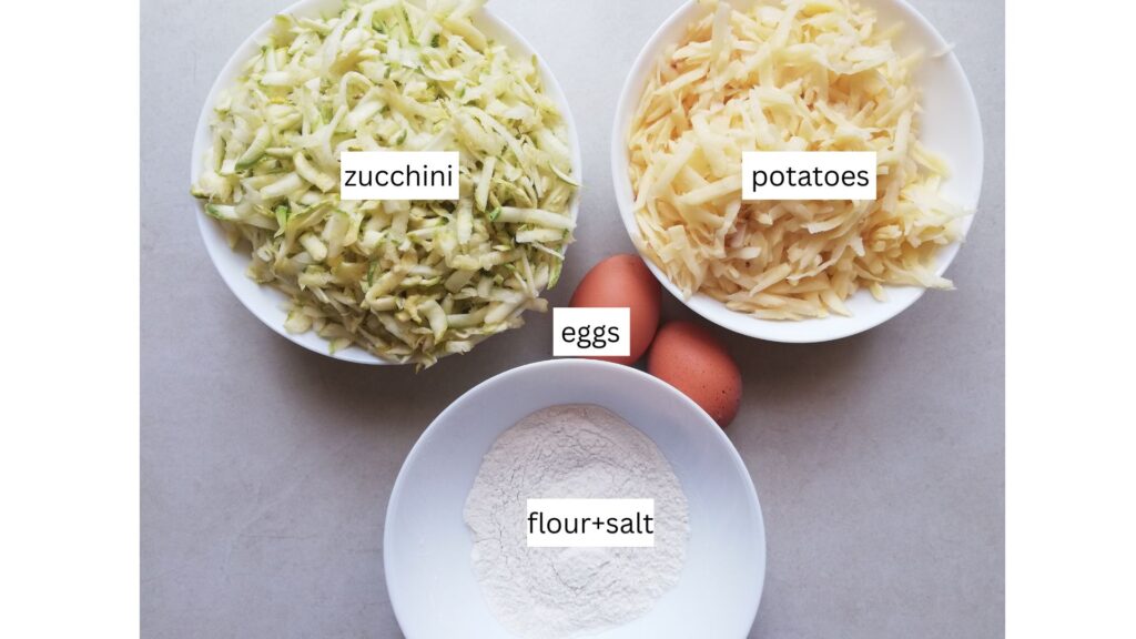 a bowl of grated zucchini a bowl of grated potatoes two eggs and a bowl with some white flour and salt mixed together