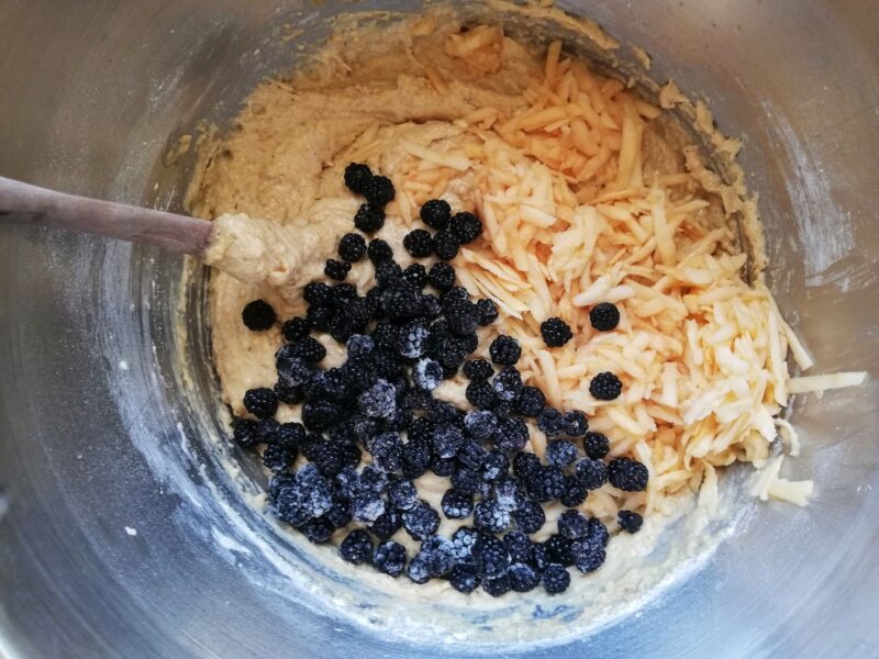 Adding grated apple and blackberries to sourdough muffin batter