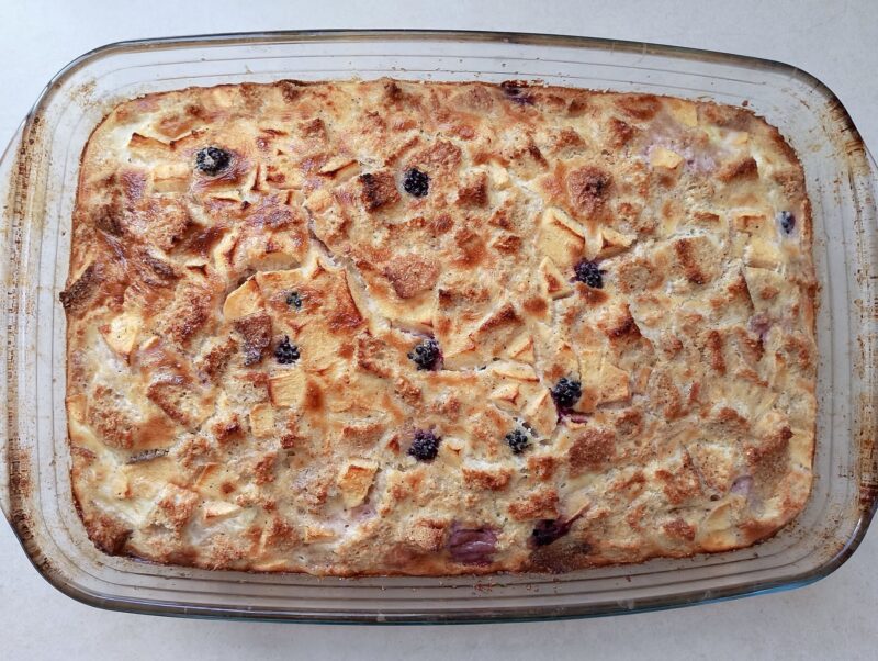 Freshly baked sourdough French toast casserole in baking dish