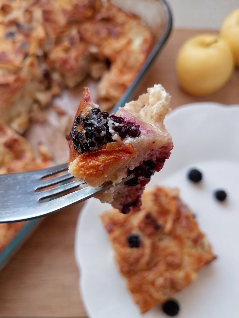 Piece of sourdough French toast bake on fork