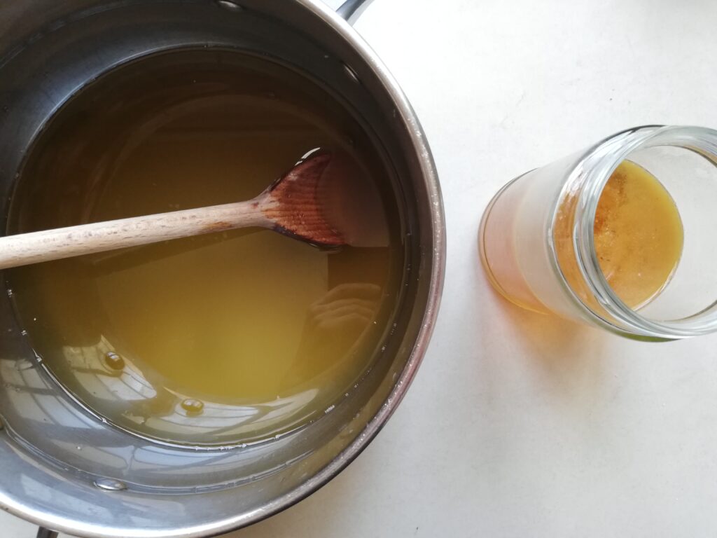 Melted fats and oils and the lye solution ready to be combined into soap