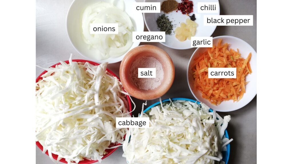 Ingredients for curtido arranged together