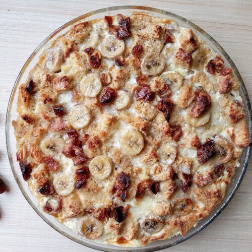 Bread and butter pudding in a glass casserole dish