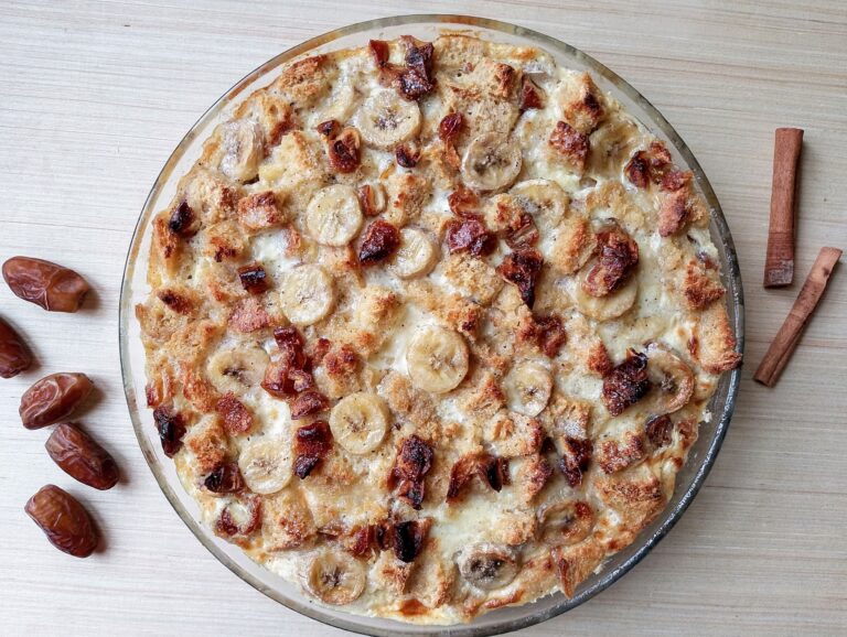 Bread and butter pudding in a glass casserole dish