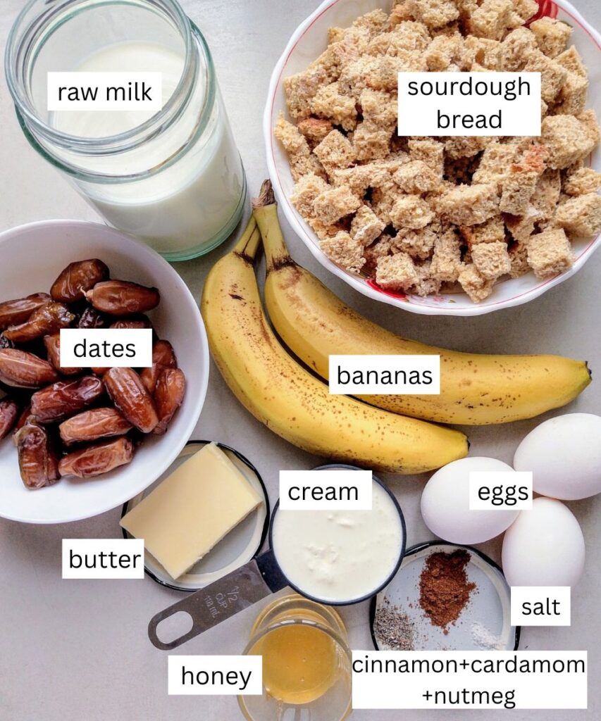 Bread and butter pudding ingredients on a counter top