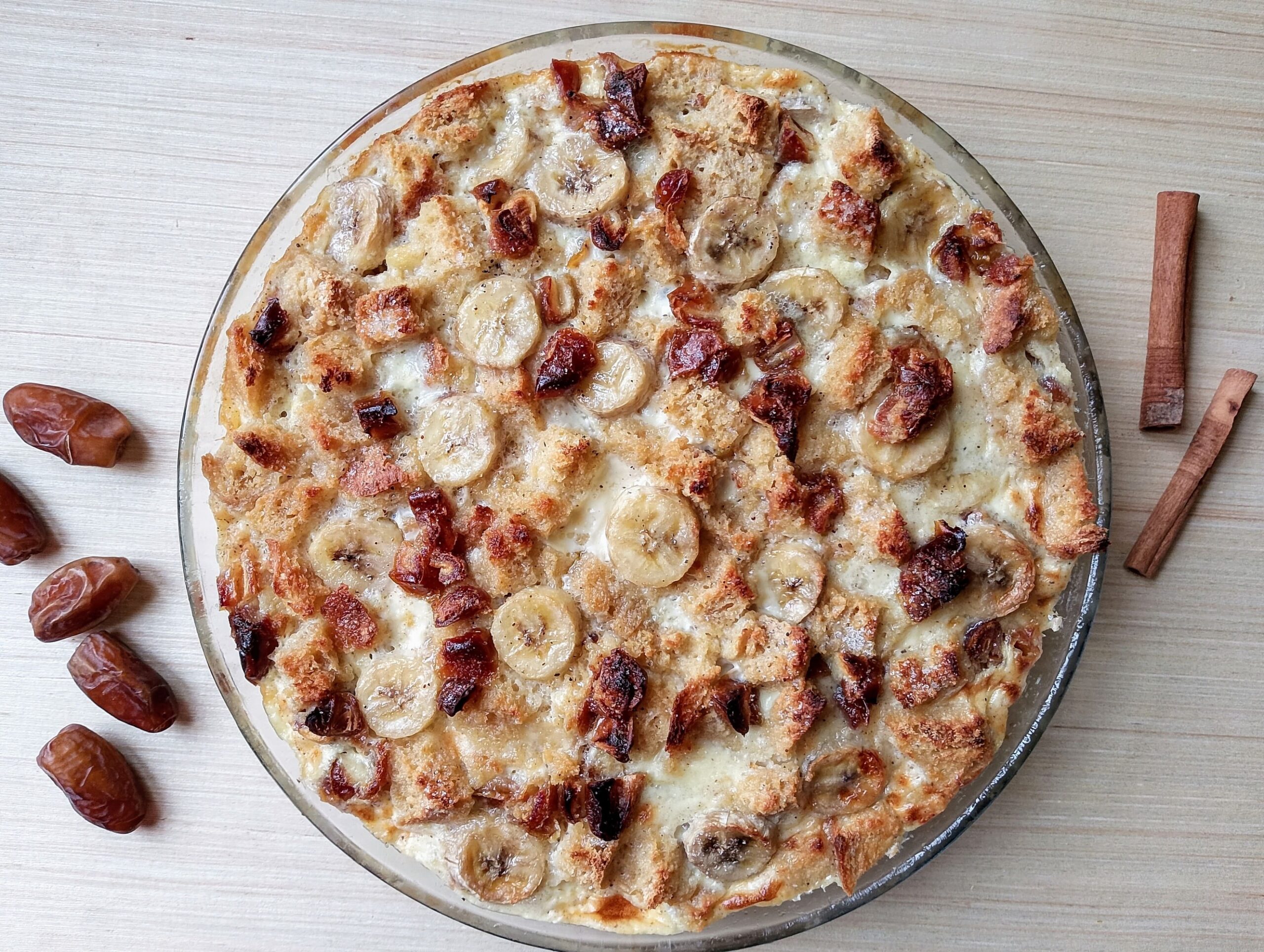 Bread and butter pudding in a glass casserole dish