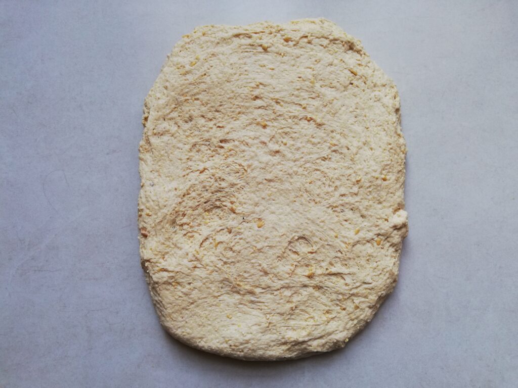 Rich sourdough bread dough stretched into a rough rectangle