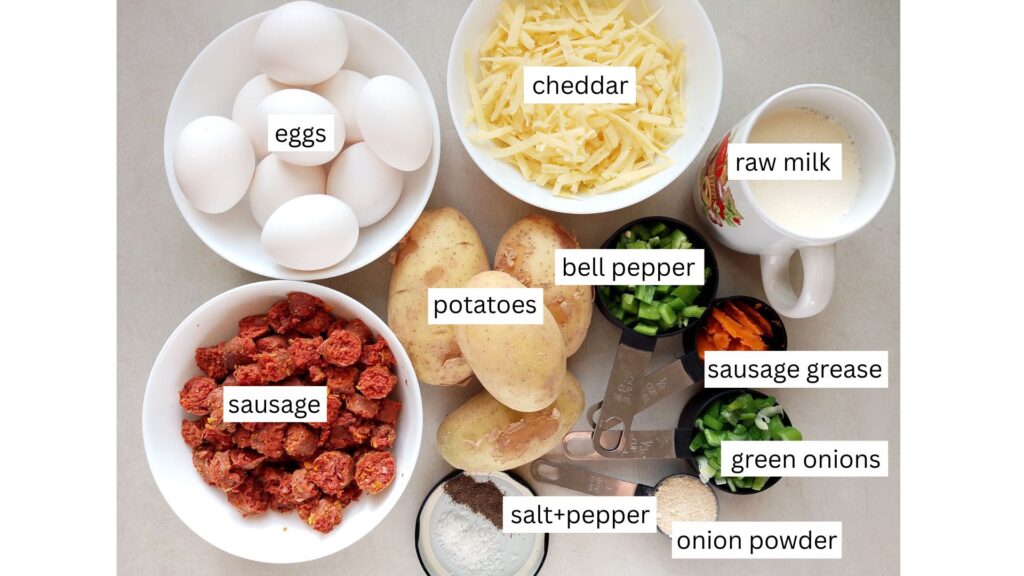 Ingredients for Amish breakfast casserole with sausage assembled on the counter top