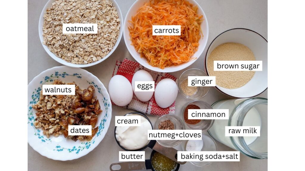Ingredients for carrot cake baked oatmeal arranged in cups and bowls on a counter top