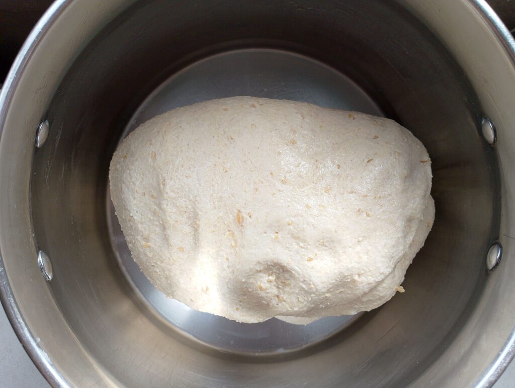 Placing the smooth dough into a large oiled bowl for the bulk fermentation