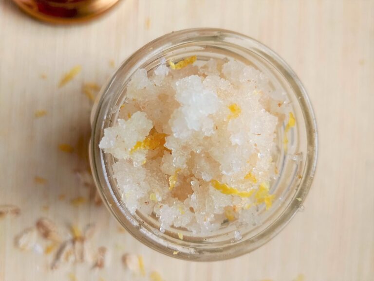 DIY lemon and peppermint foot scrub in a glass jar