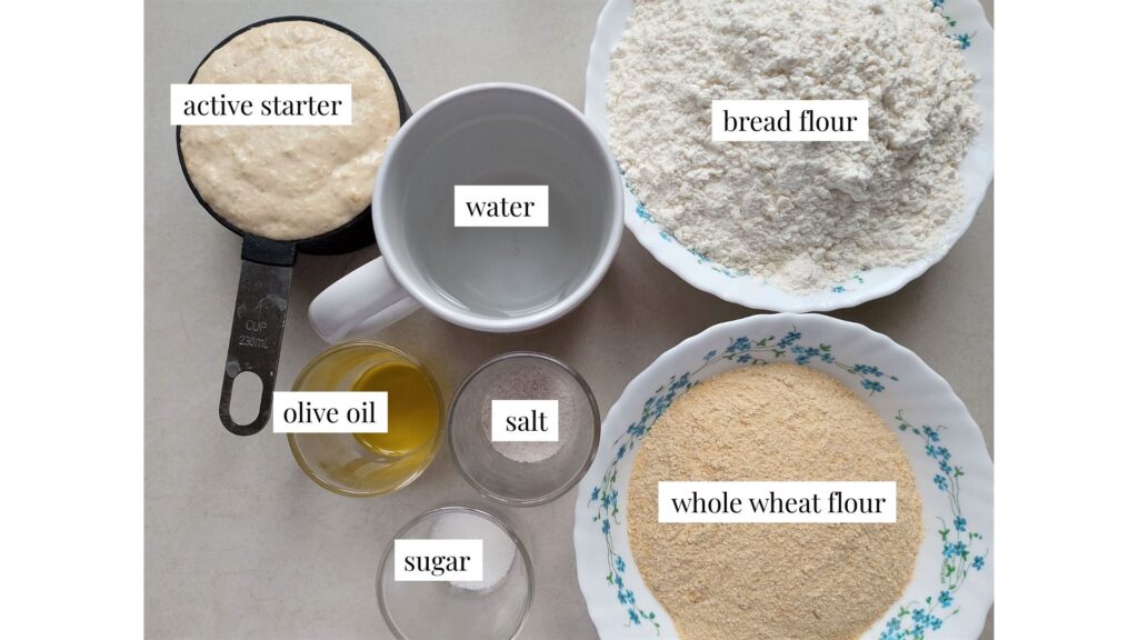 Easy sourdough pita bread ingredients on counter