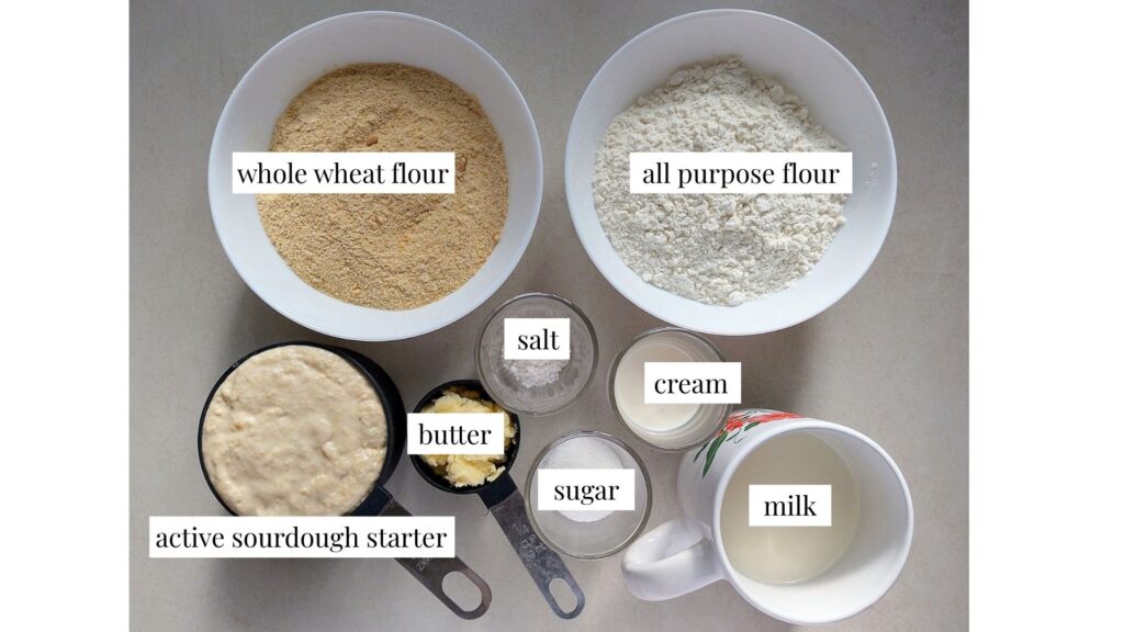 Ingredients for sourdough whole wheat blend naan flatbreads arranged on a counter