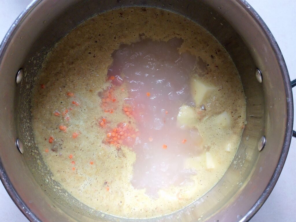 Adding cubed potatoes, red lentils, and bone broth to the blended stew base