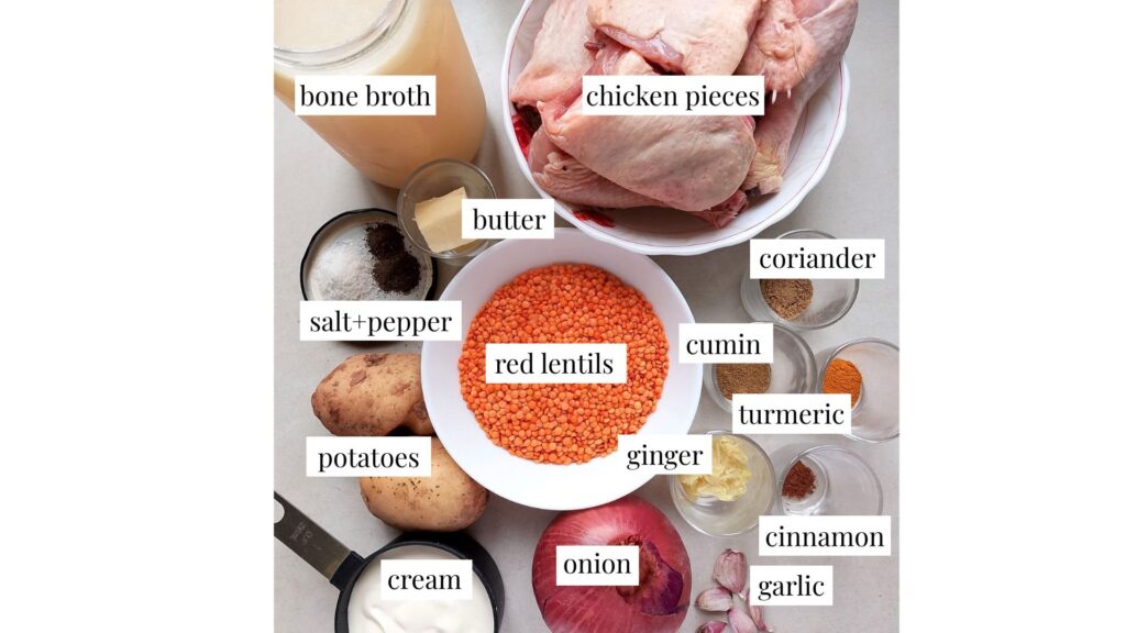 Ingredients for red lentil and chicken stew collected on the counter