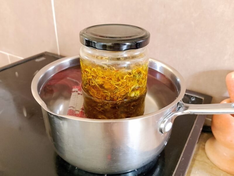 Infusing calendula oil using the double boiler method (warm bath infusion)