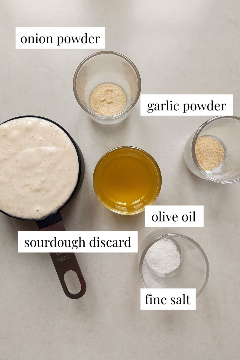 Ingredients for sourdough discard crackers on counter