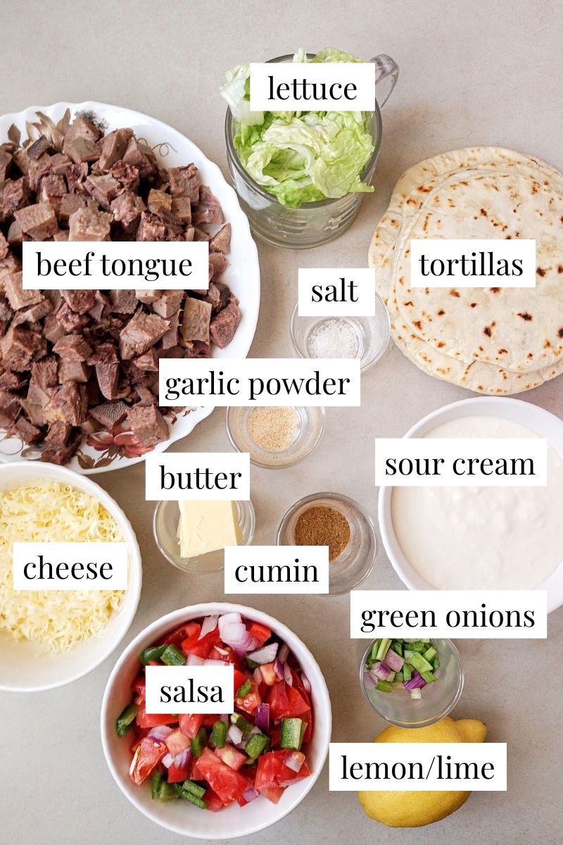 Ingredients for beef tongue tacos on counter
