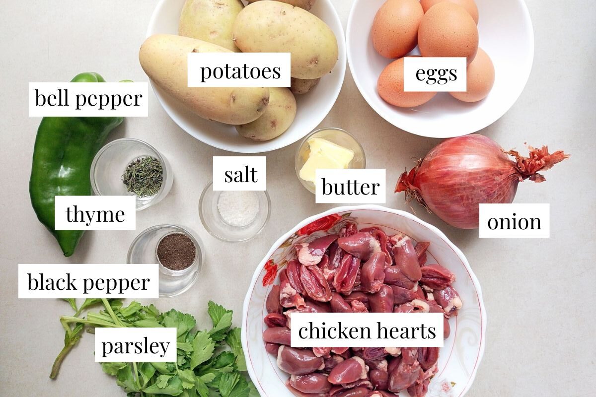Ingredients for chicken hearts hash on counter