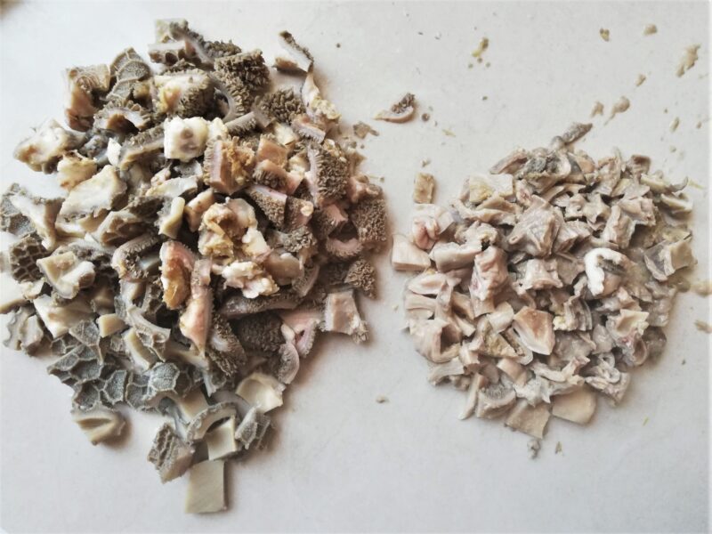 Chopped honeycomb tripe and reed tripe on counter