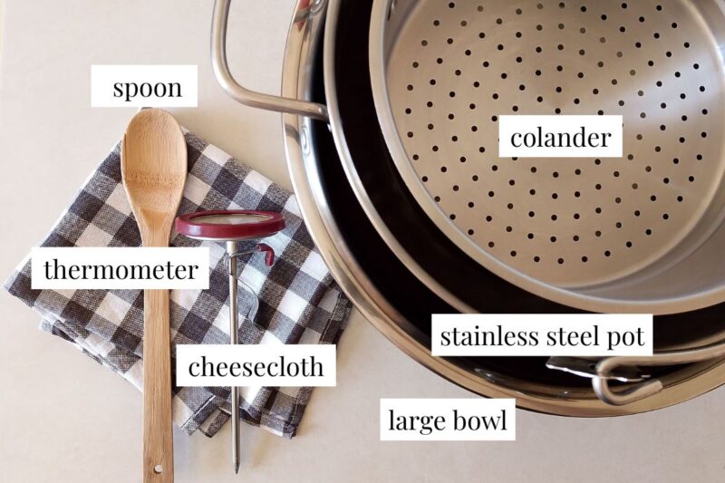 Tools for making raw milk farmer's cheese on counter
