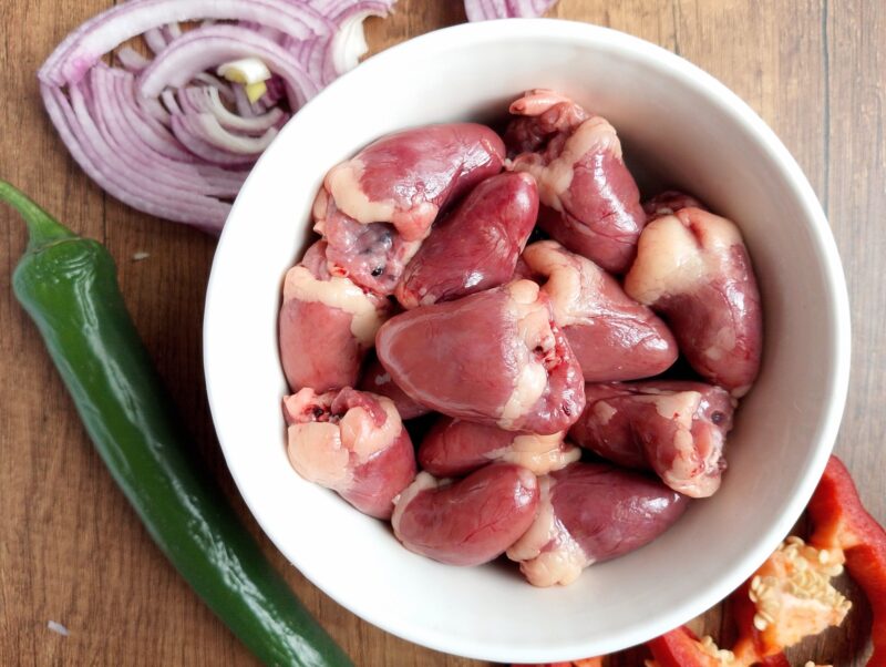 Best tasting organ meats: cleaned chicken hearts in bowl, ready to be cooked