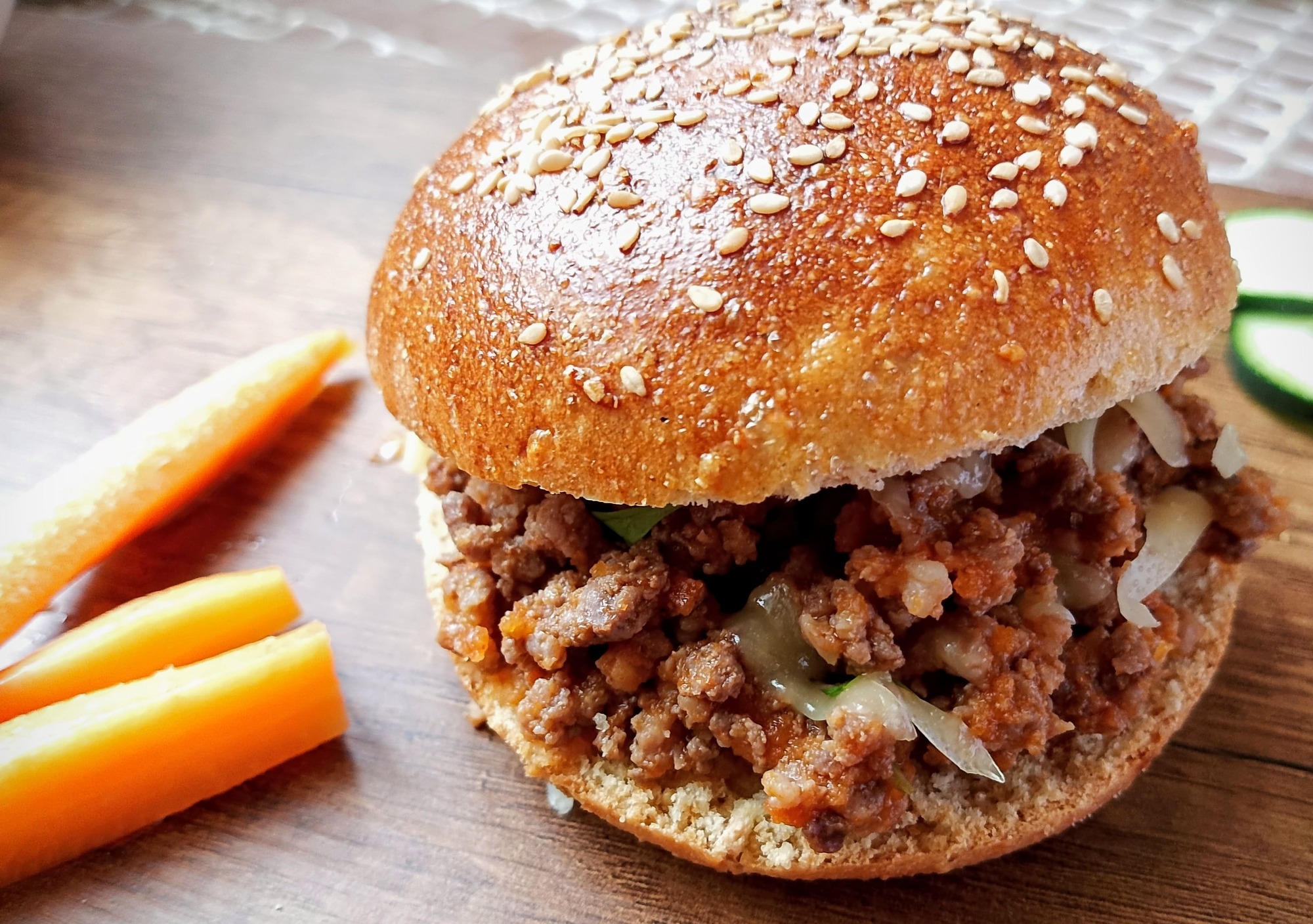 Chicken hearts sloppy joes on wooden board