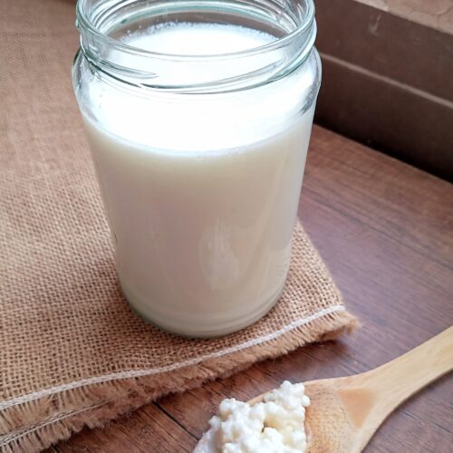 How to make milk kefir: milk kefir in jar on wooden table