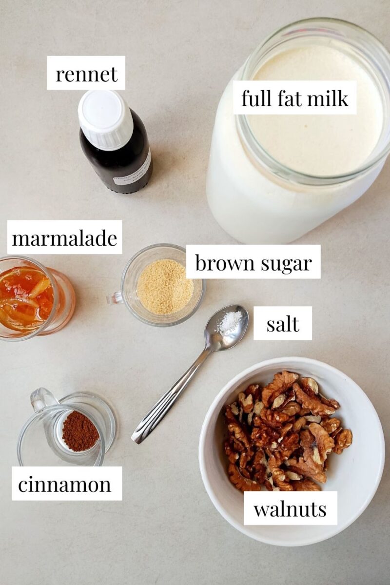 Ingredients for making junket on counter