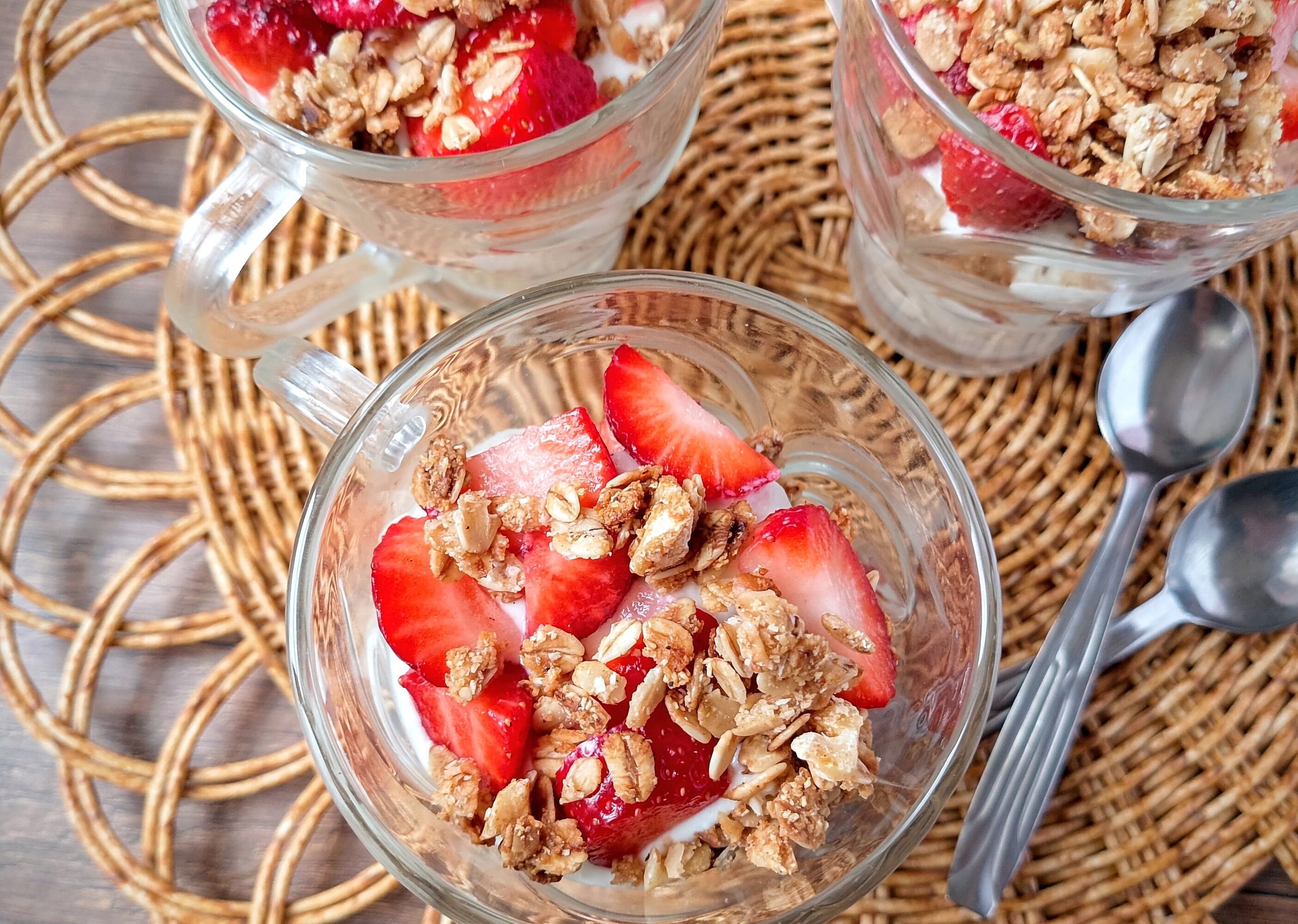 Kefir cheese breakfast parfait in glass cups