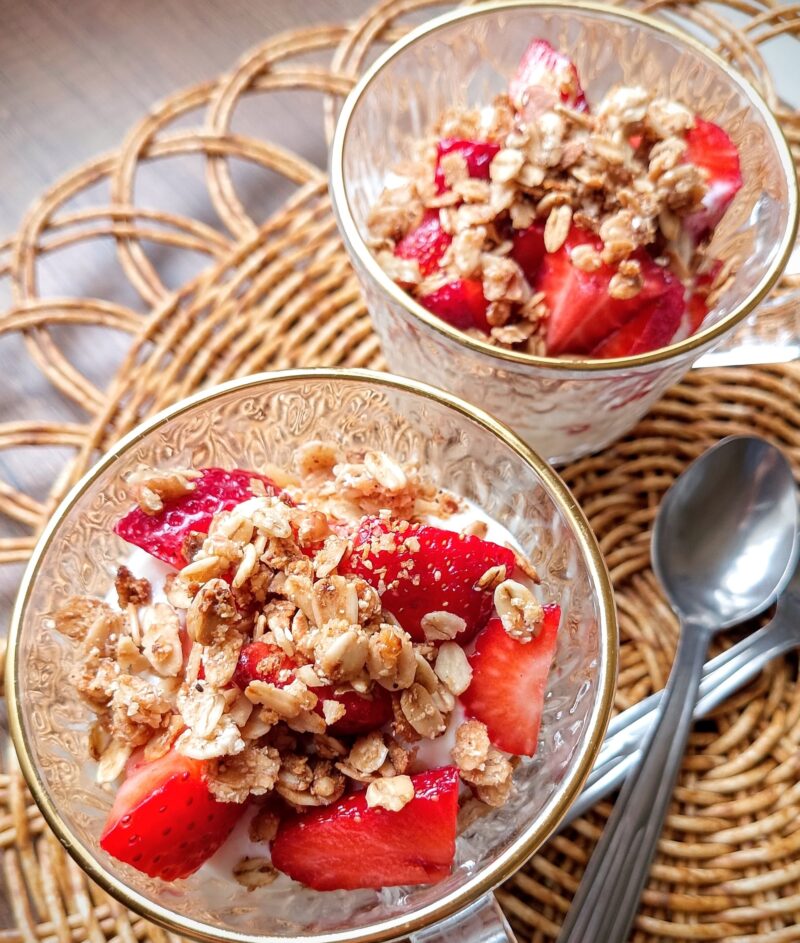Kefir cheese breakfast parfait in glass cups, ready to be served