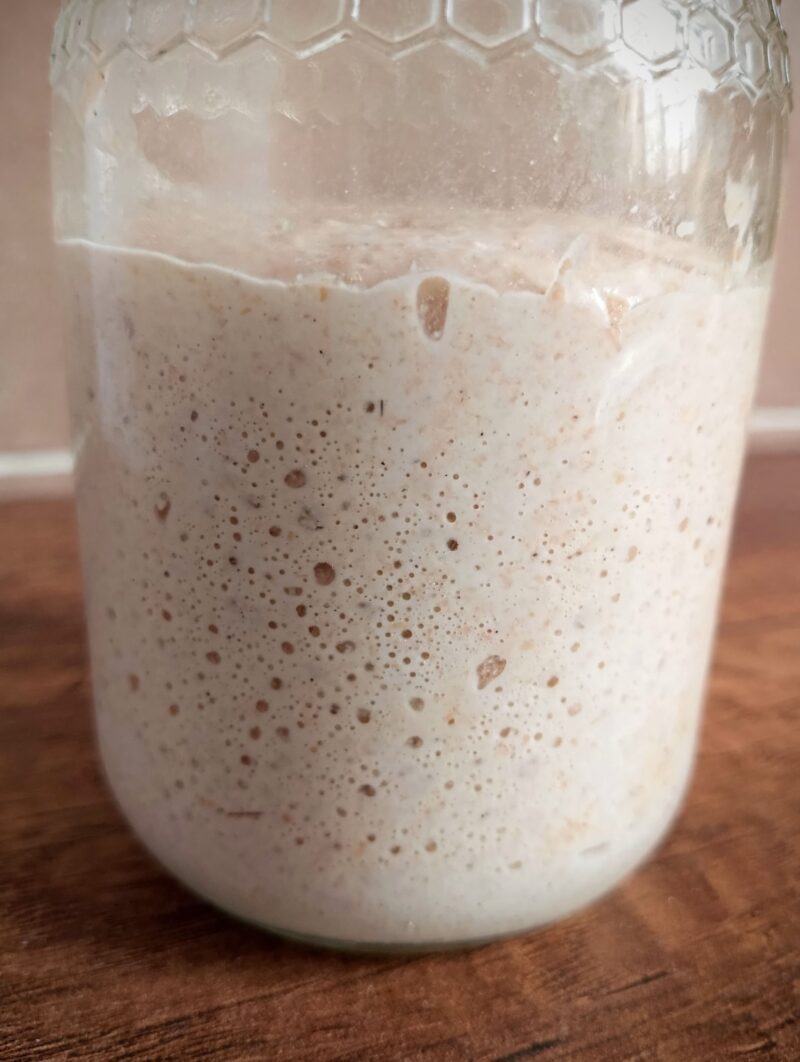 Active and bubbly whole wheat sourdough starter in jar on wooden table