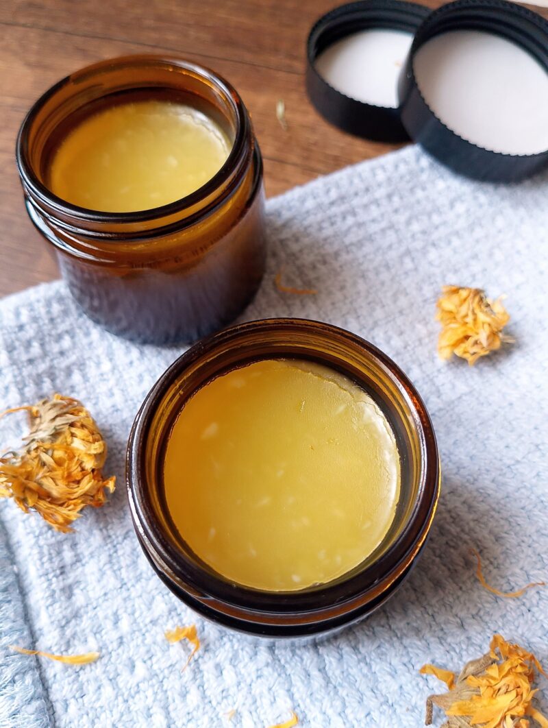 Calendula balm made with addition of beef tallow in amber jars