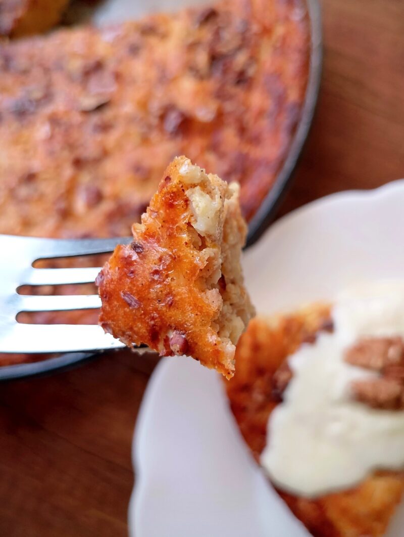 A piece of cottage cheese pumpkin bake on a fork