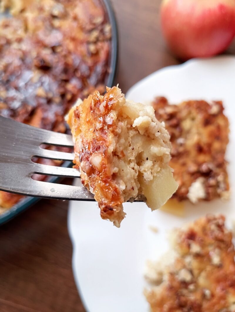 A piece of high protein breakfast bake on fork