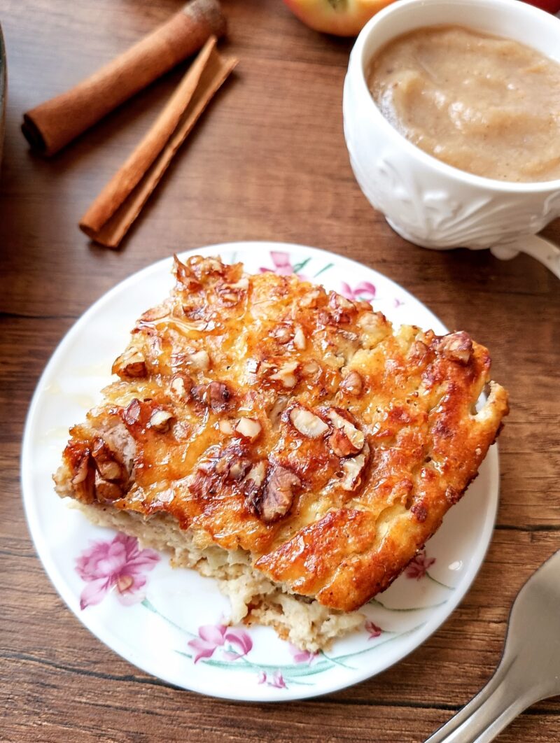 Slice of applesauce breakfast bake on plate