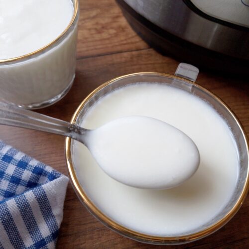 Spoon lifting some Instant Pot yogurt from a serving cup