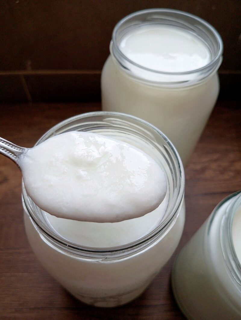 Spoon lifting some instant pot yogurt from storage jars