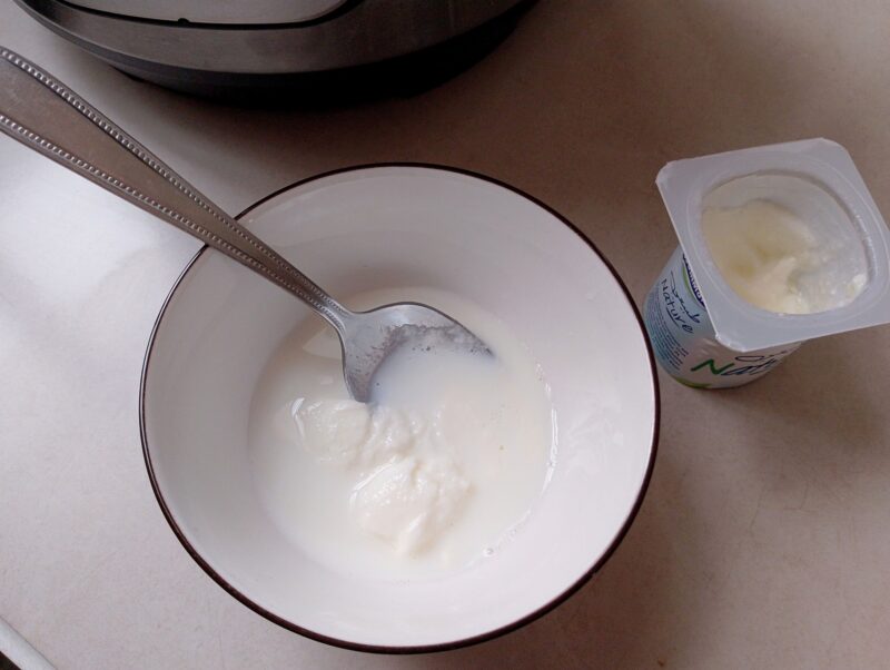 Mixing yogurt starter and a little milk in bowl until smooth