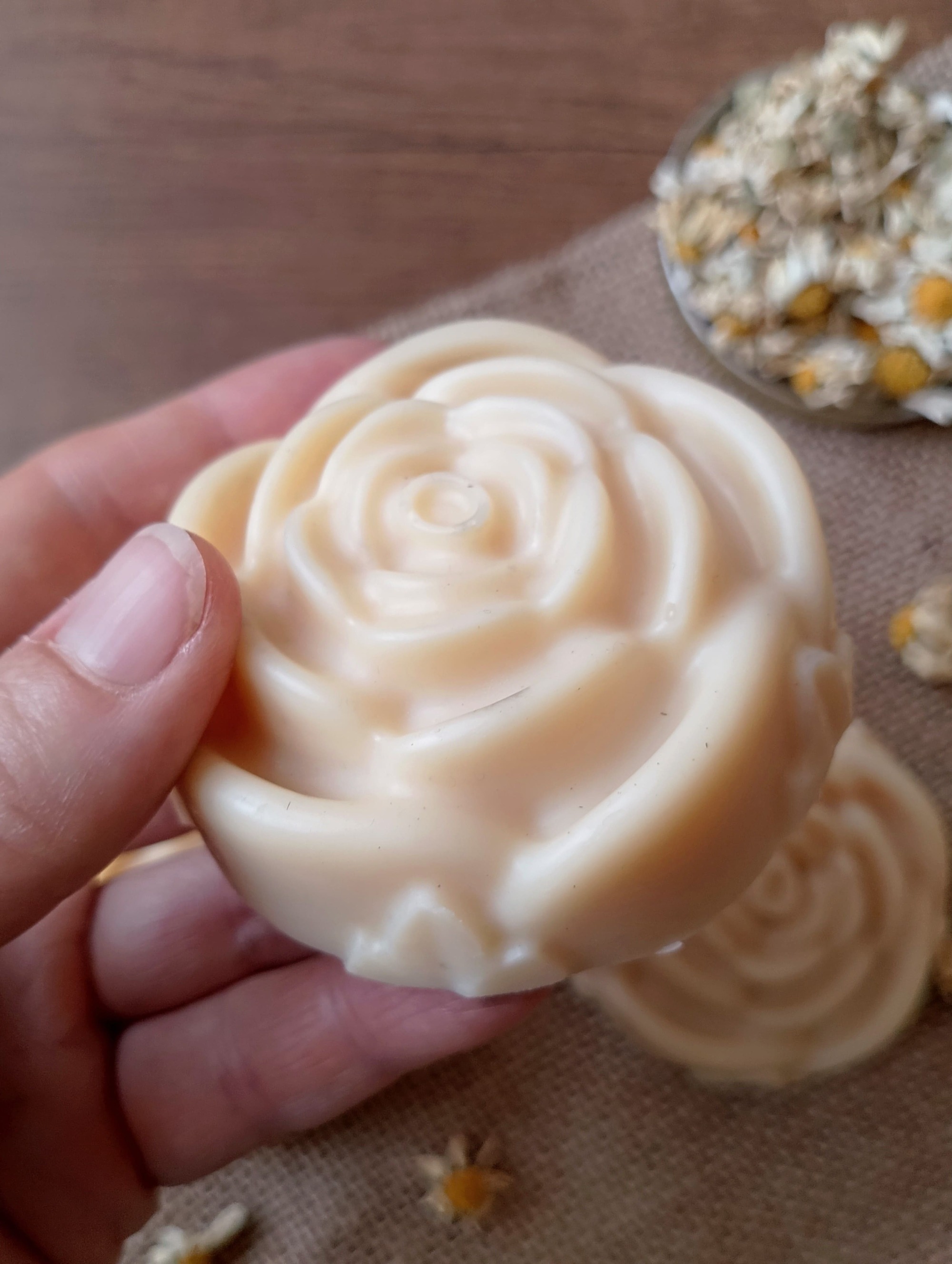 Womans hand holding tallow lotion bar