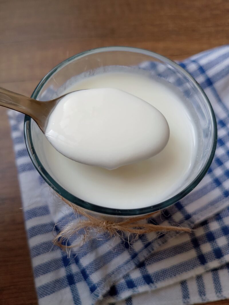 Spoon lifting some thick yogurt out of serving cup