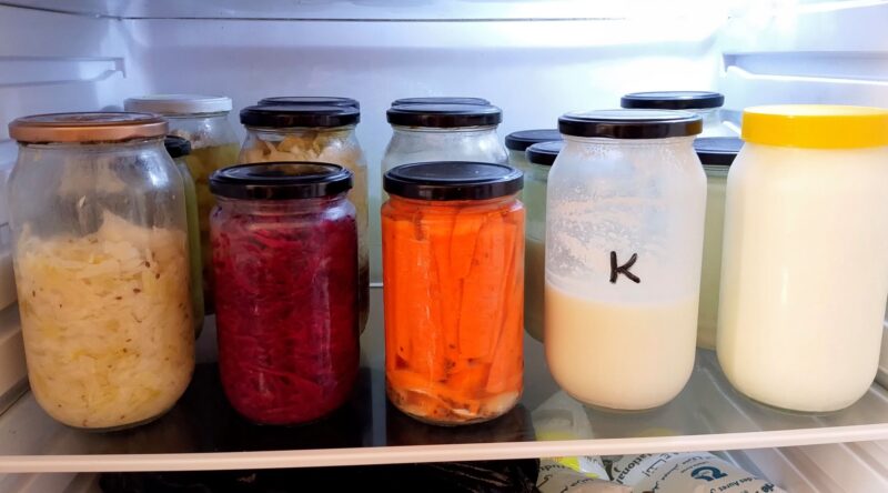 Ferments shelf in refrigerator with sauerkraut, fermented carrots, kefir, and yogurt